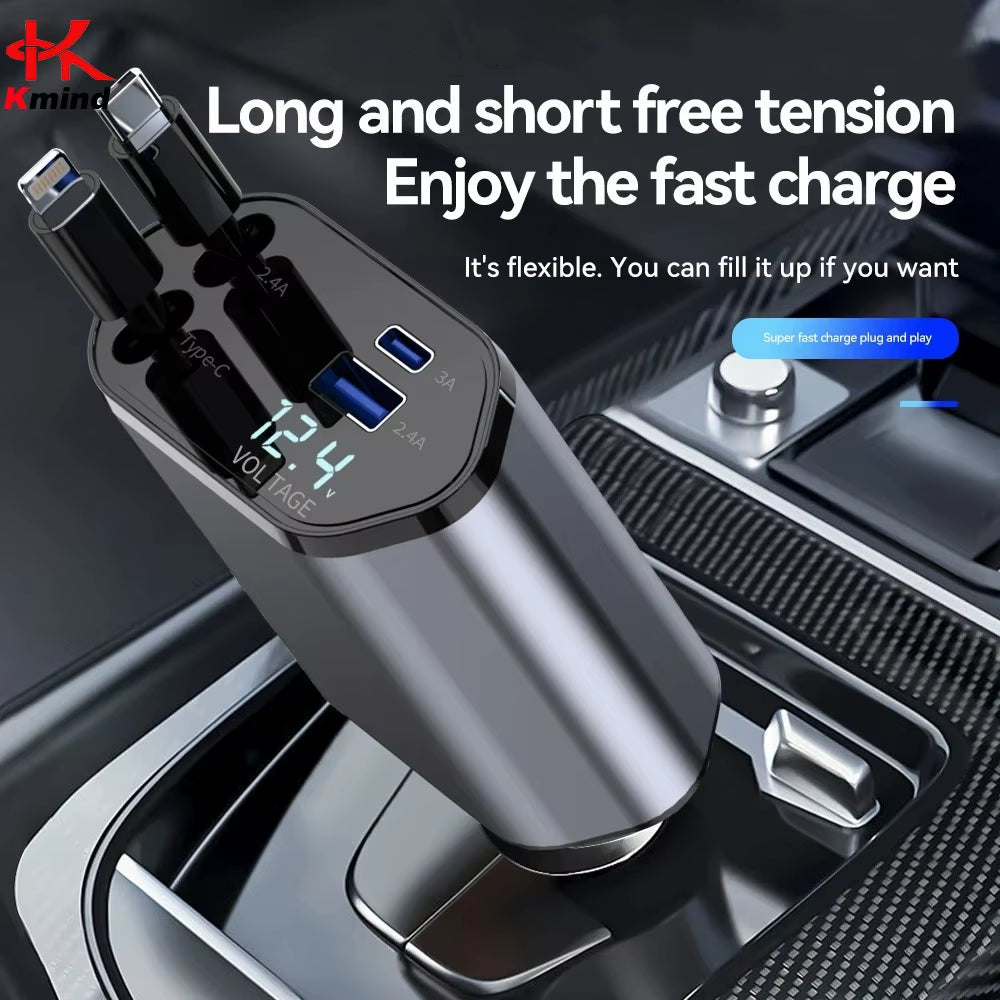 120W 4-in-1 Retractable Fast Car Charger